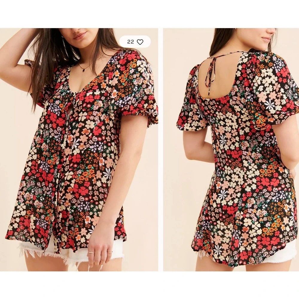 Free People Callie Printed Tunic Black Floral Print Puff Sleeve Tie Back Top Med